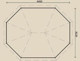 Pavillon CORA / Info in unserer Ausstellung / in 44 mm Wandstärke / 4,45 x 3,50 m oval